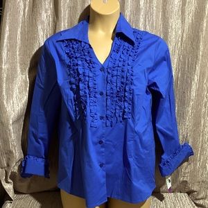 Notations Sport Blue Top Blouse Ruffle Detail Long Sleeve XL